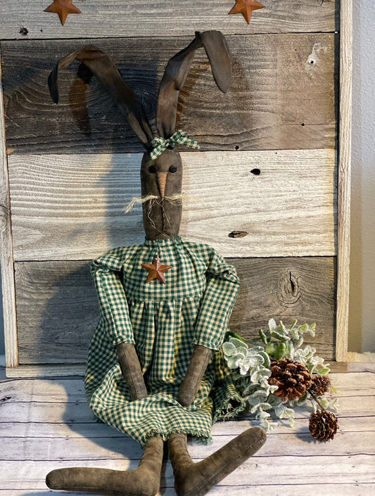 Long-Eared Bunny in Green Primitive Dress